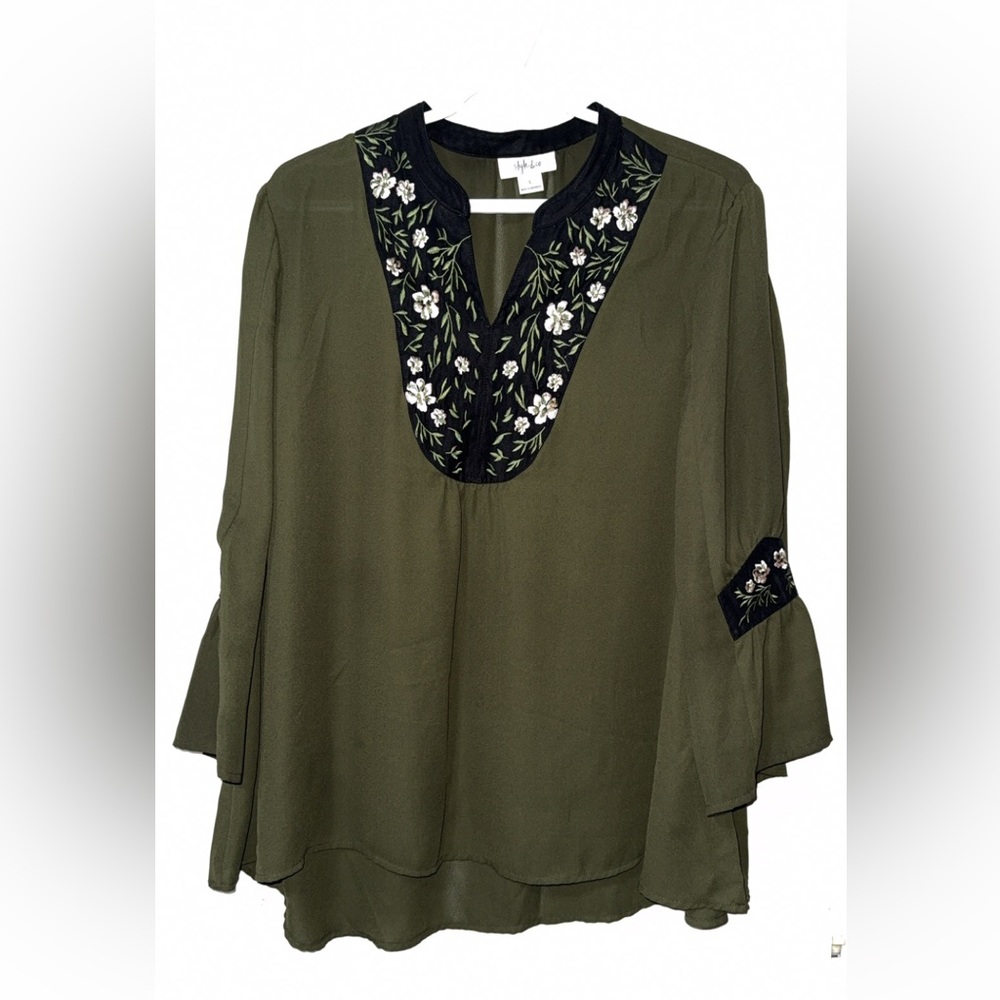 Style & Co. Floral Embroidered Olive Green Blouse